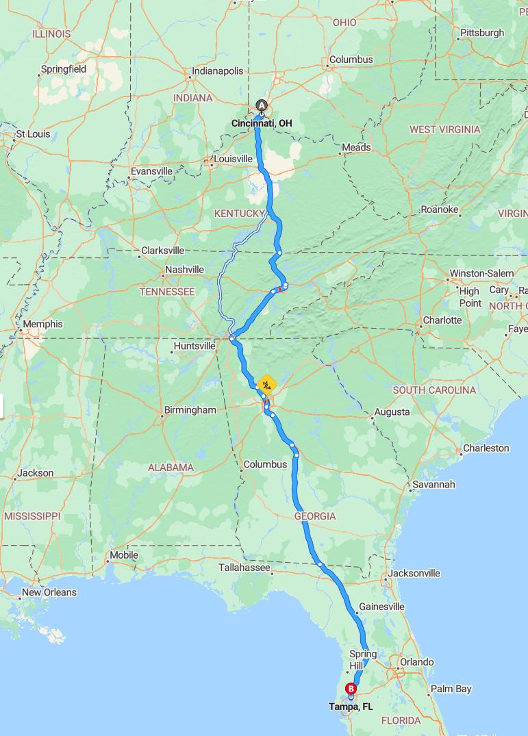 driving from Cincinnati, Ohio to TampaFlorida - map and route