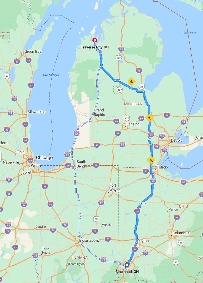 driving from Cincinnati, Ohio to Traverse CityMichigan - map and route