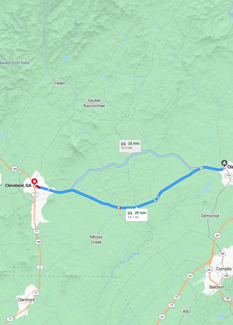 driving from Clarkesville, Georgia to ClevelandGeorgia - map and route