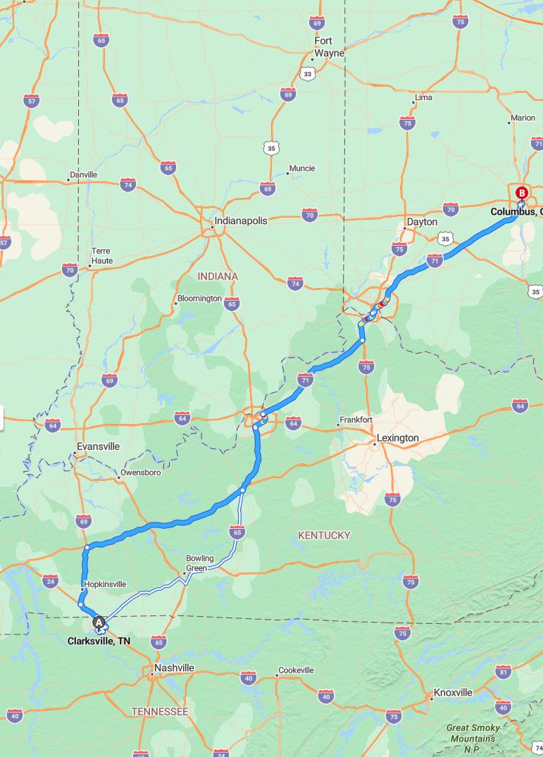 driving from Clarksville, Tennessee to ColumbusOhio - map and route