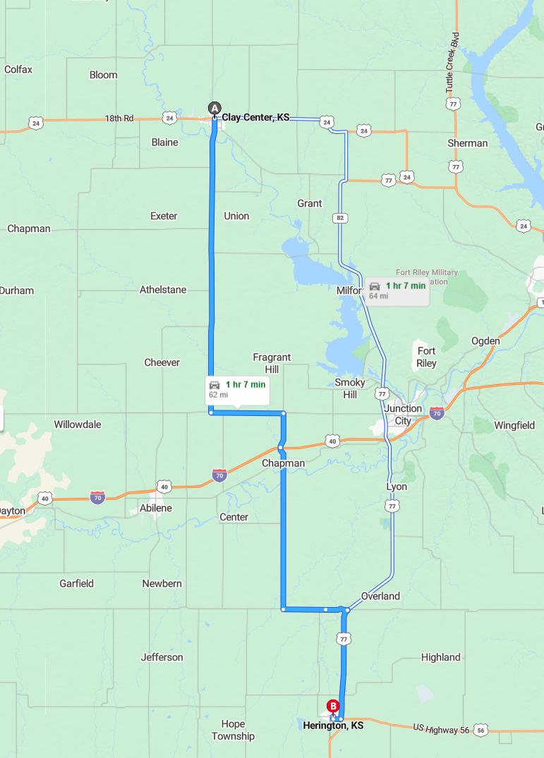 driving from Clay Center, Kansas to HeringtonKansas - map and route