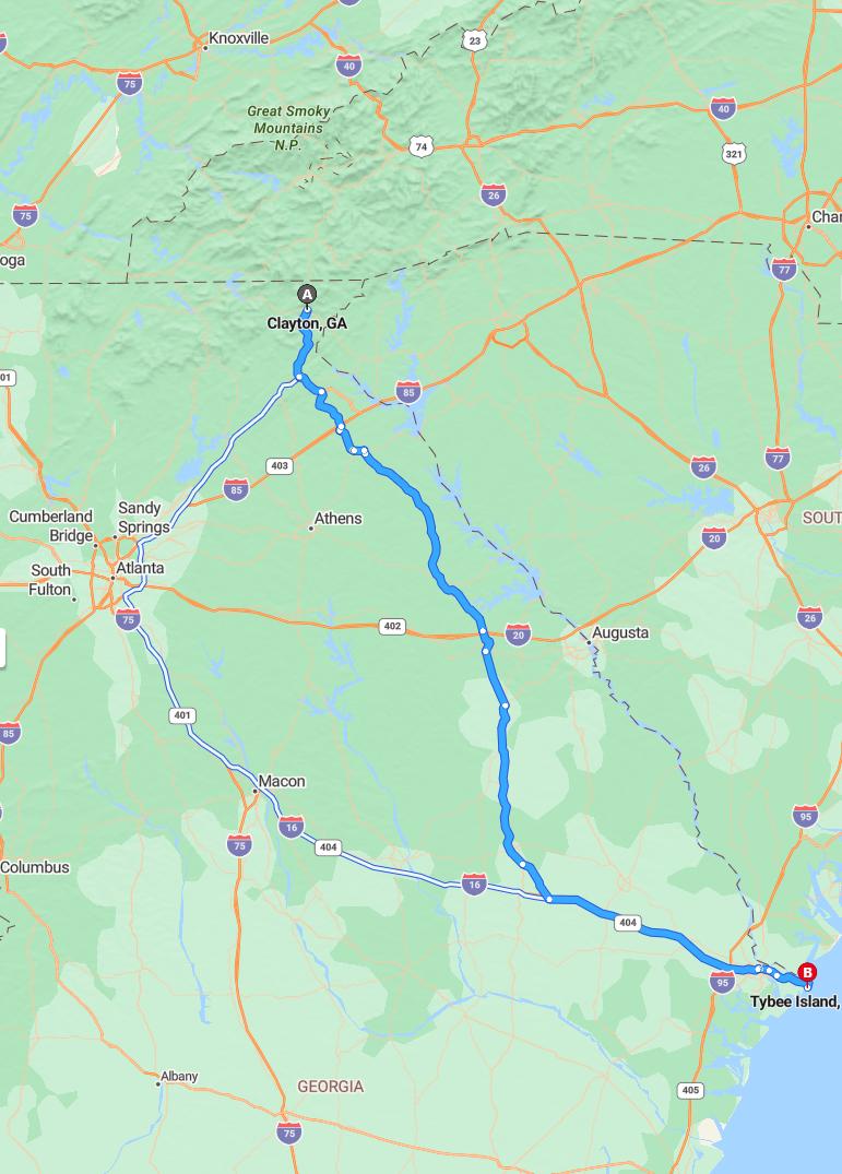 driving from Clayton, Georgia to Tybee IslandGeorgia - map and route