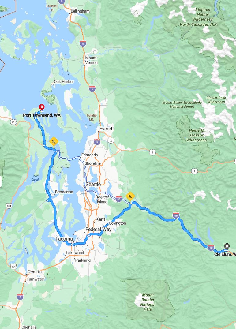 driving from Cle Elum, Washington to Port TownsendWashington - map and route