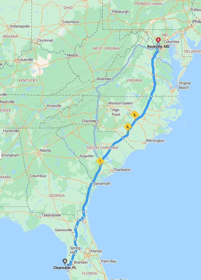 driving from Clearwater, Florida to RockvilleMaryland - map and route