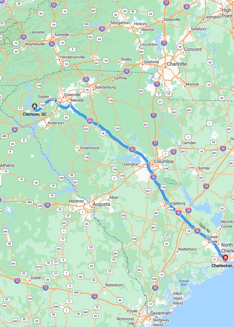driving from Clemson, South Carolina to CharlestonSouth Carolina - map and route
