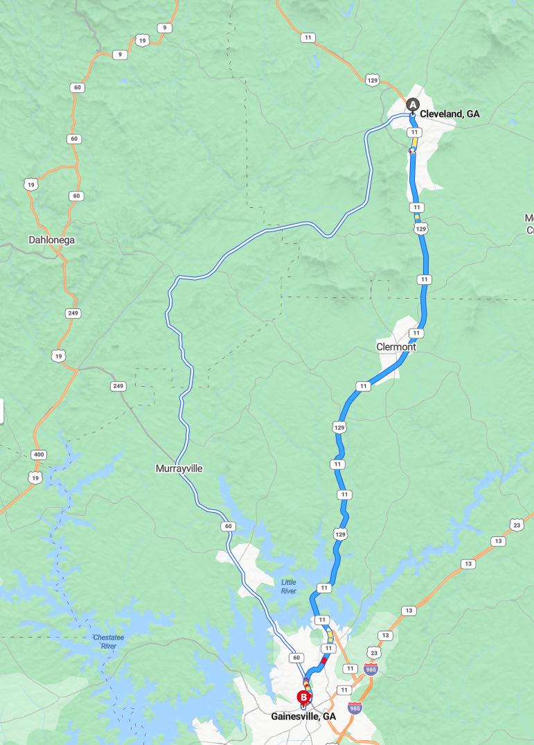 driving from Cleveland, Georgia to GainesvilleGeorgia - map and route