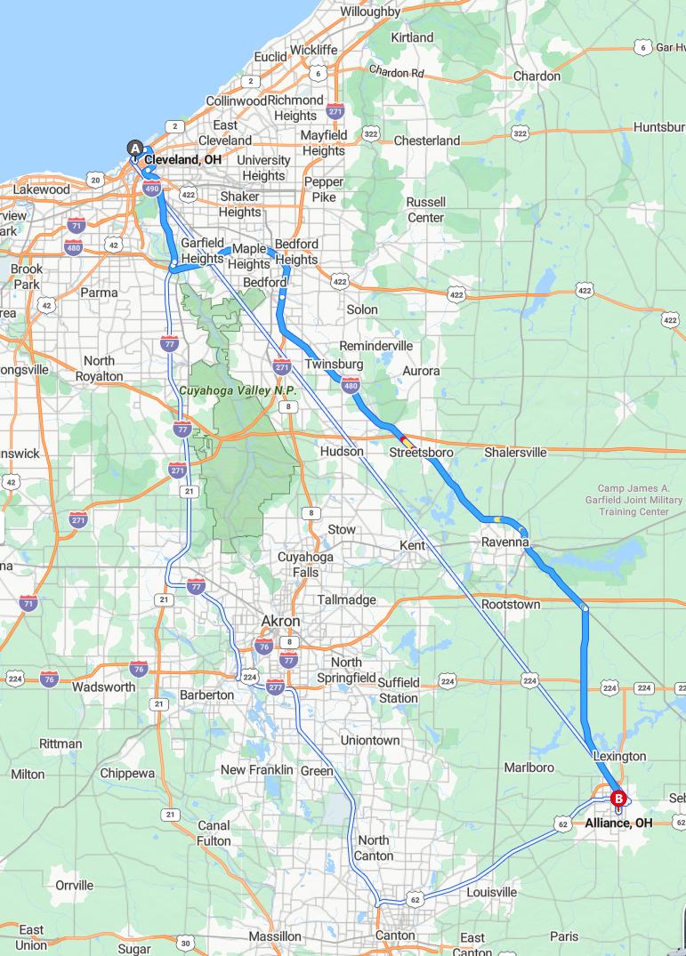 driving from Cleveland, Ohio to AllianceOhio - map and route
