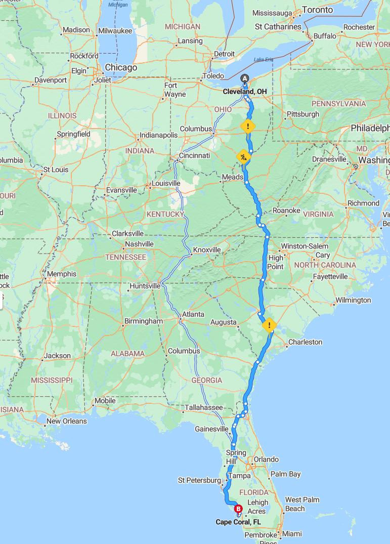 driving from Cleveland, Ohio to Cape CoralFlorida - map and route