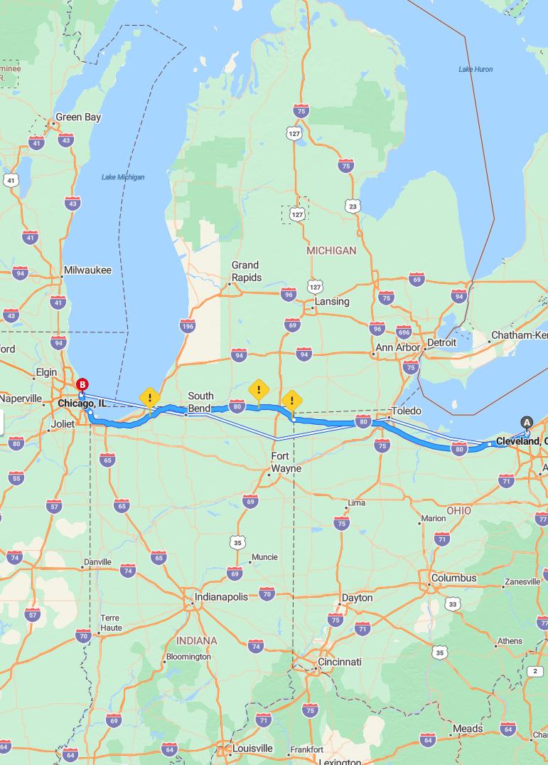 driving from Cleveland, Ohio to ChicagoIllinois - map and route
