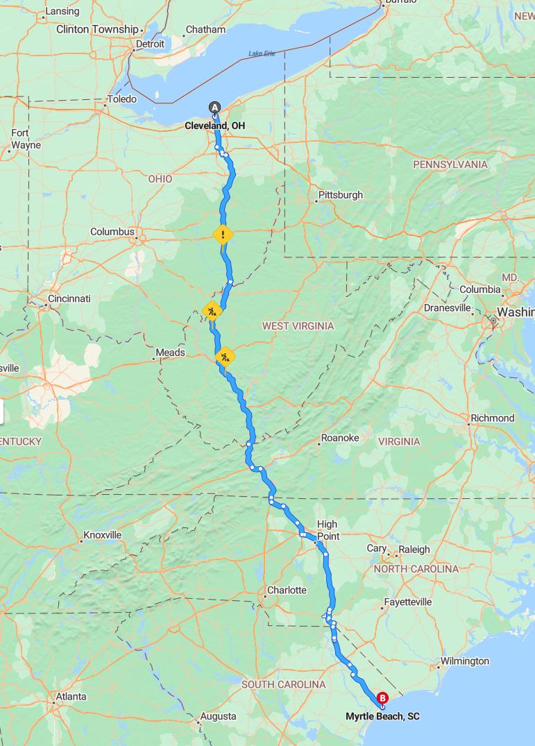 driving from Cleveland, Ohio to Myrtle BeachSouth Carolina - map and route