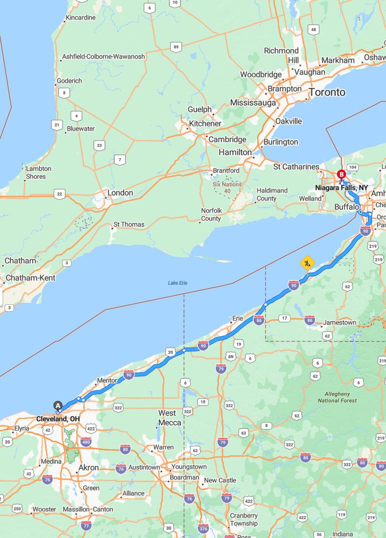 driving from Cleveland, Ohio to Niagara FallsNew York - map and route