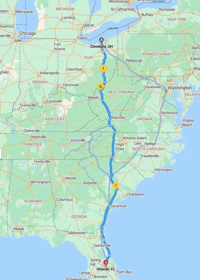 driving from Cleveland, Ohio to OrlandoFlorida - map and route