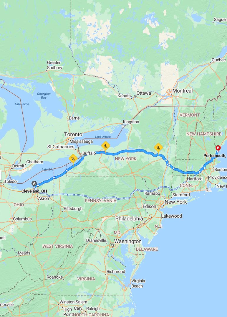 driving from Cleveland, Ohio to PortsmouthNew Hampshire - map and route