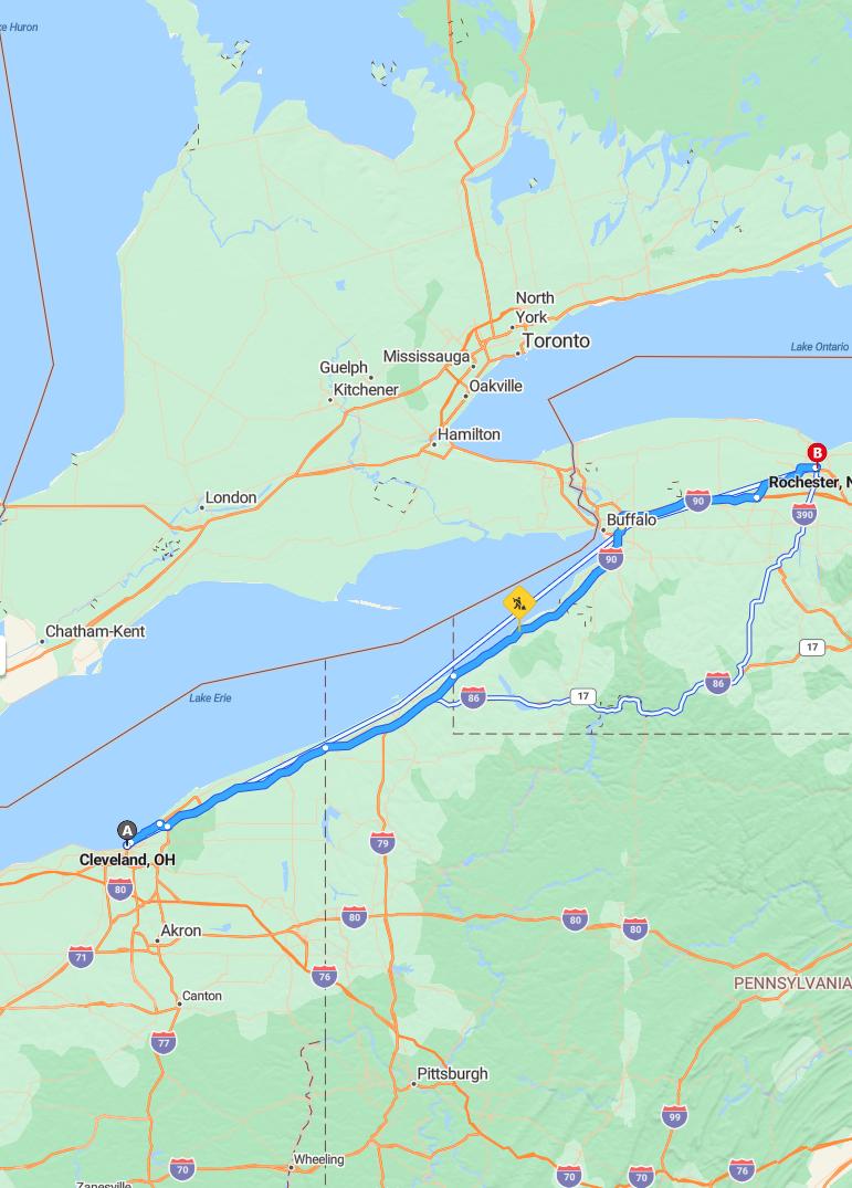 driving from Cleveland, Ohio to RochesterNew York - map and route