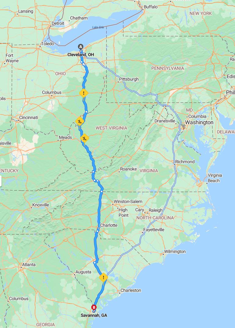 driving from Cleveland, Ohio to SavannahGeorgia - map and route