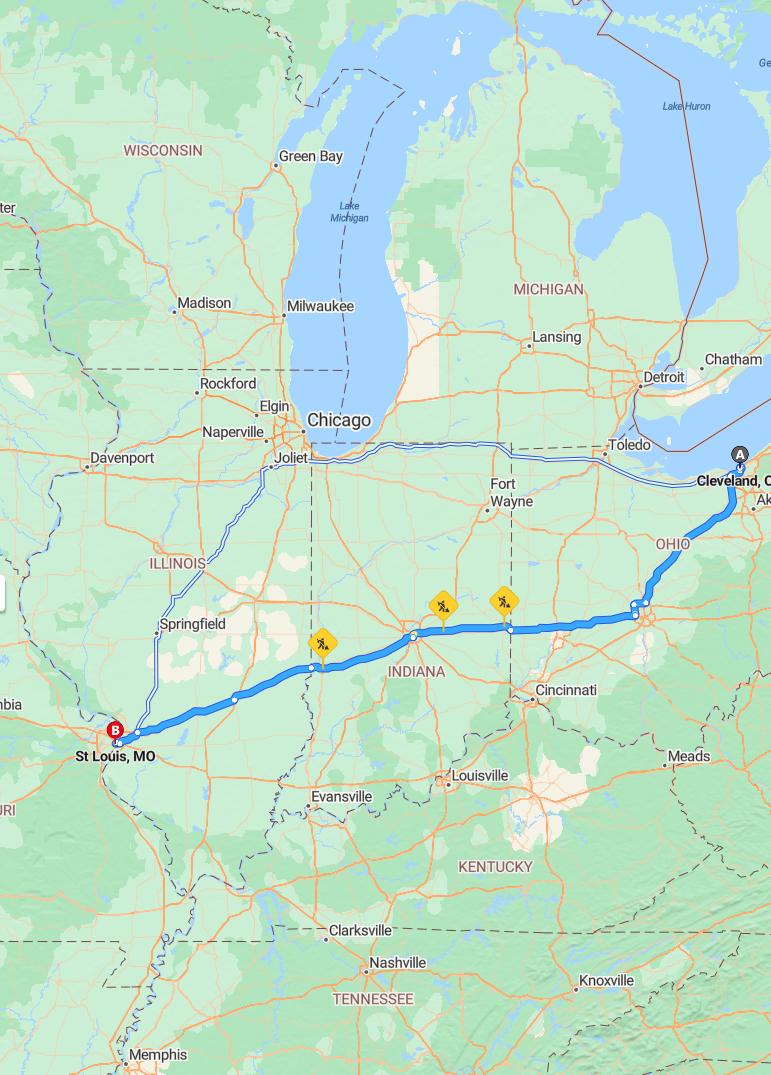 driving from Cleveland, Ohio to St. LouisMissouri - map and route