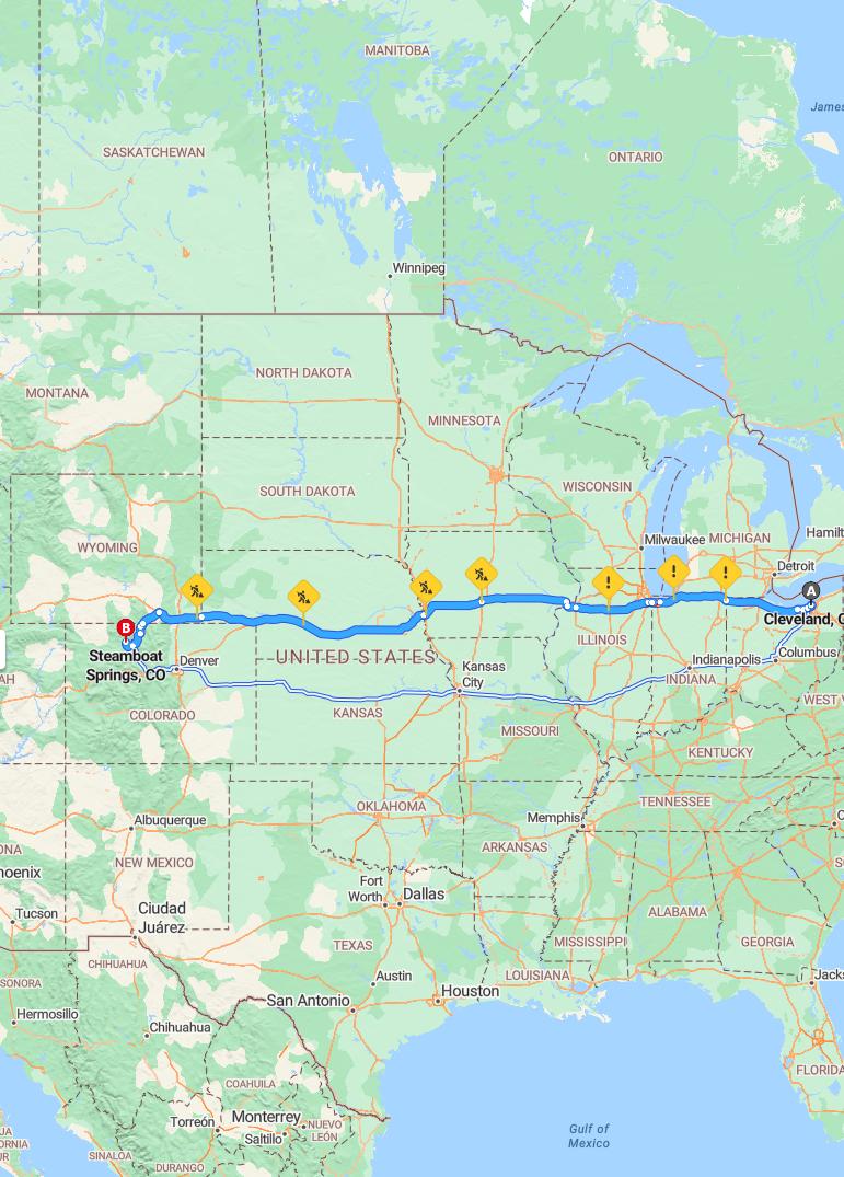 driving from Cleveland, Ohio to Steamboat SpringsColorado - map and route