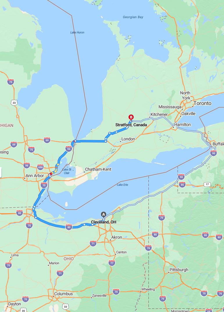 driving from Cleveland, Ohio to StratfordOntario - map and route