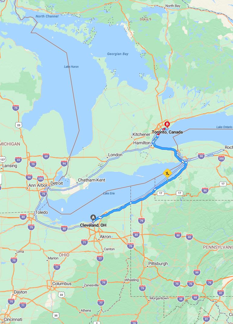 driving from Cleveland, Ohio to TorontoOntario - map and route