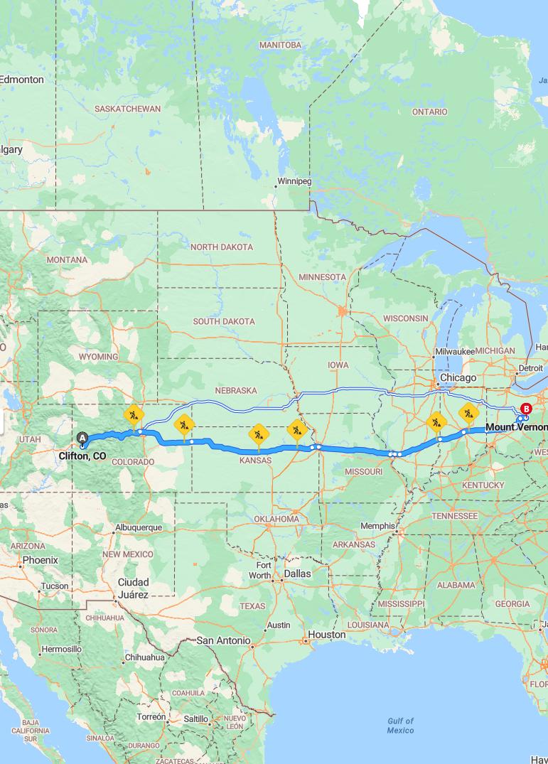 driving from Clifton, Colorado to Mount VernonOhio - map and route