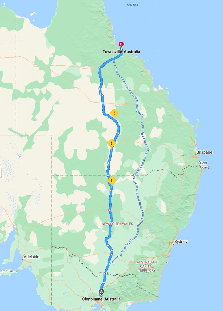driving from Clonbinane, Victoria to TownsvilleQueensland - map and route
