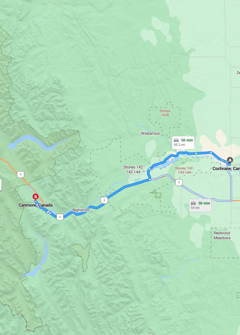 driving from Cochrane, Alberta to CanmoreAlberta - map and route