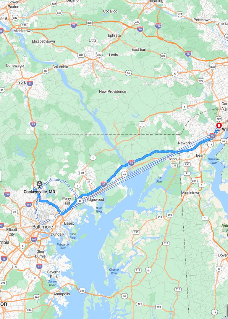driving from Cockeysville, Maryland to WilmingtonDelaware - map and route