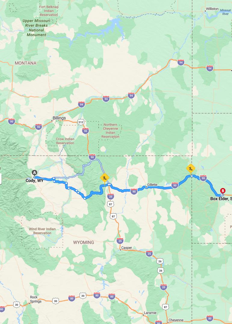 driving from Cody, Wyoming to Box ElderSouth Dakota - map and route