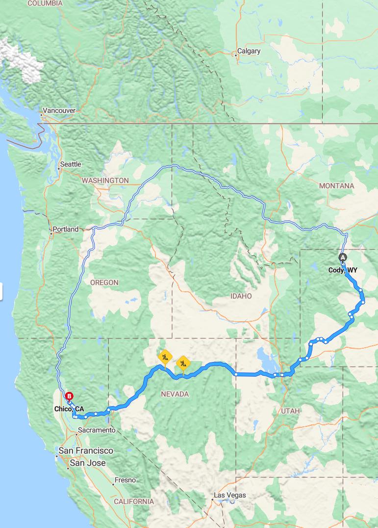 driving from Cody, Wyoming to ChicoCalifornia - map and route