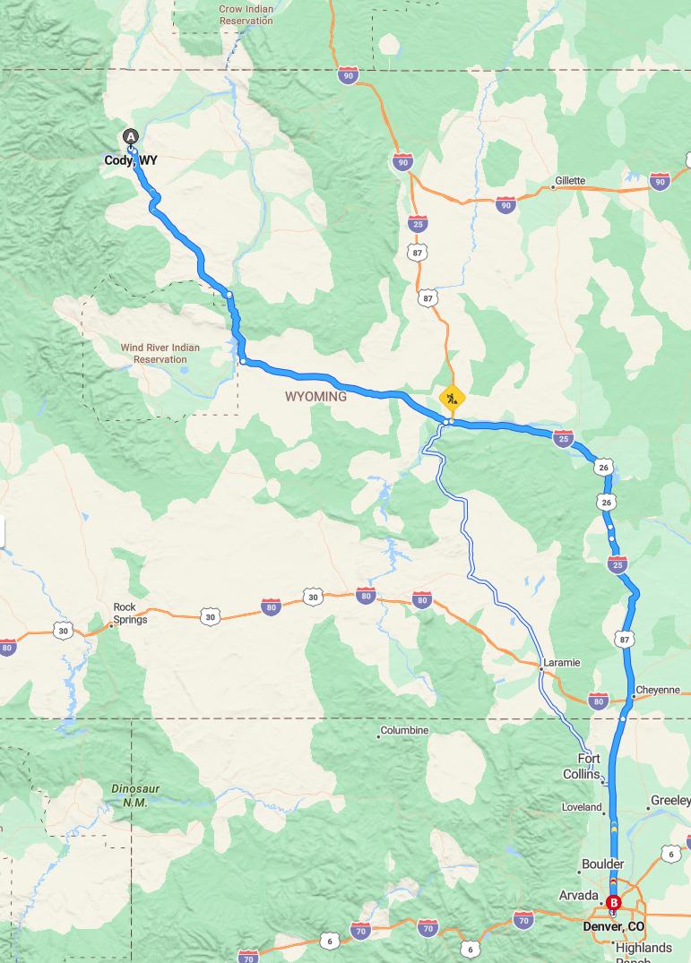 driving from Cody, Wyoming to DenverColorado - map and route