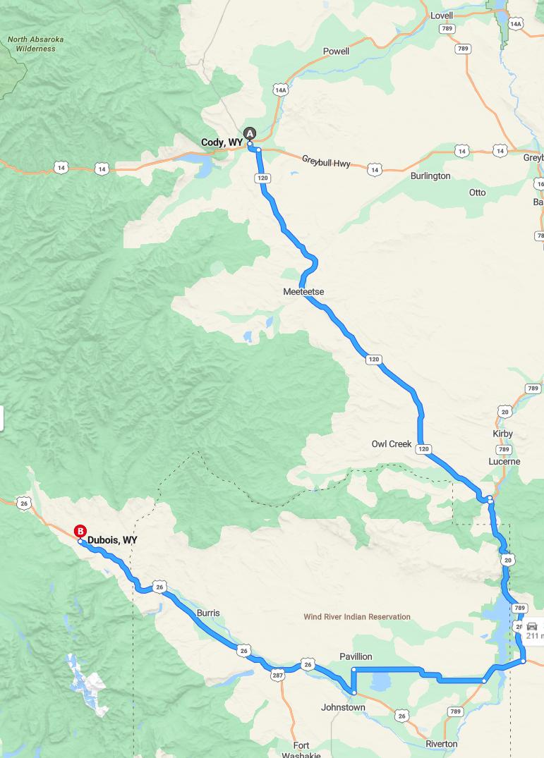driving from Cody, Wyoming to DuboisWyoming - map and route