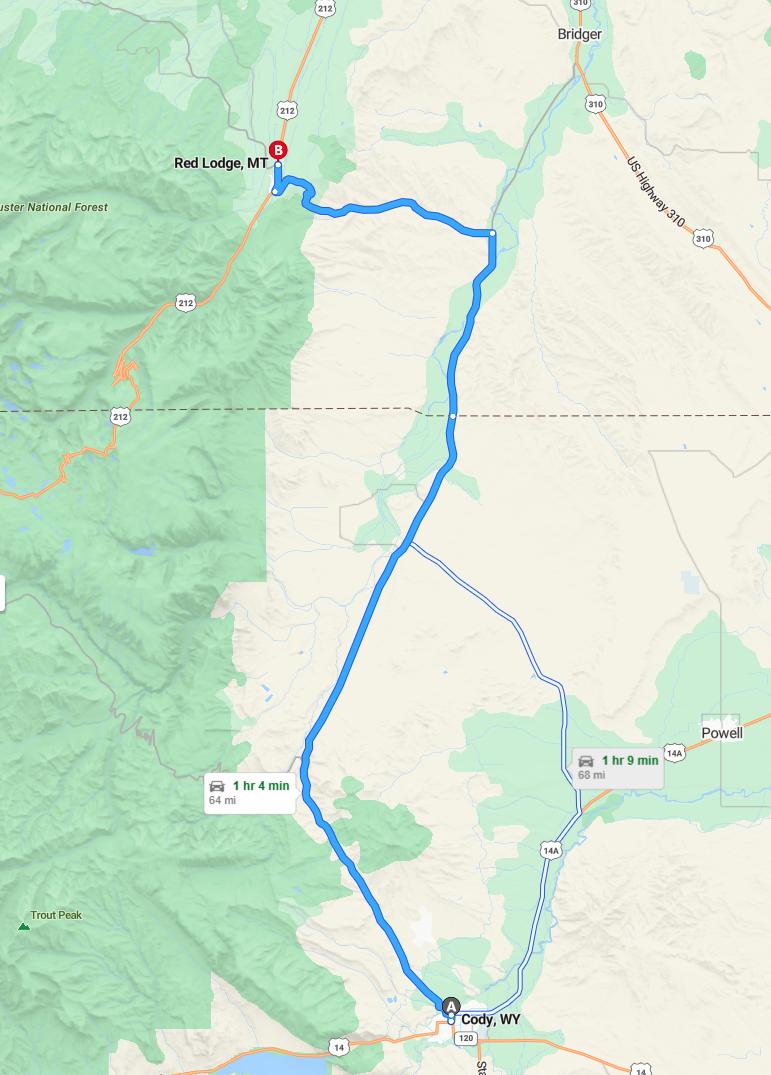 driving from Cody, Wyoming to Red LodgeMontana - map and route