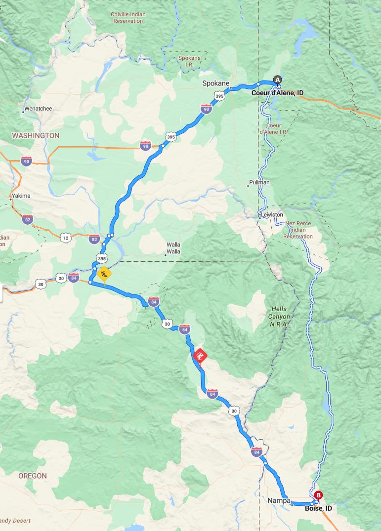 driving from Coeur D'Alene, Idaho to BoiseIdaho - map and route