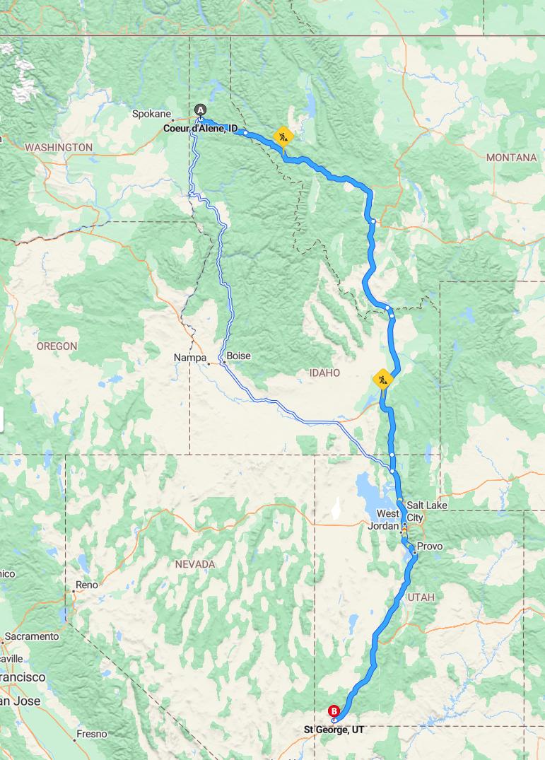 driving from Coeur d'Alene, Idaho to St. GeorgeUtah - map and route