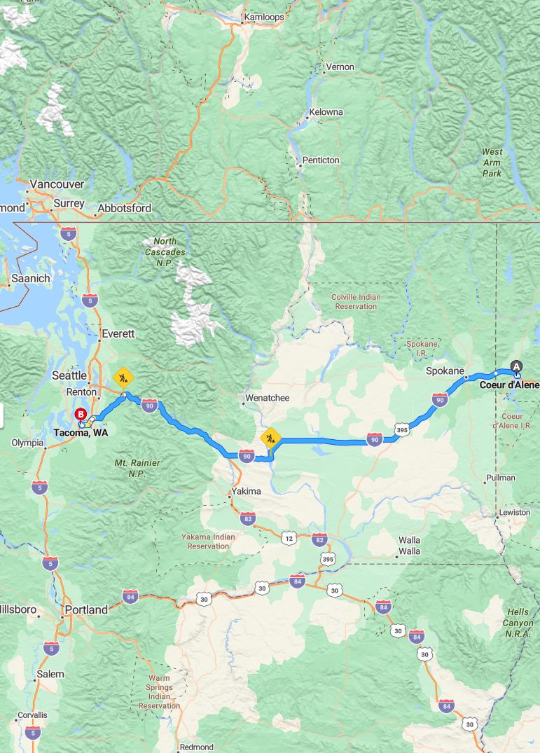 driving from Coeur d'Alene, Idaho to TacomaWashington - map and route