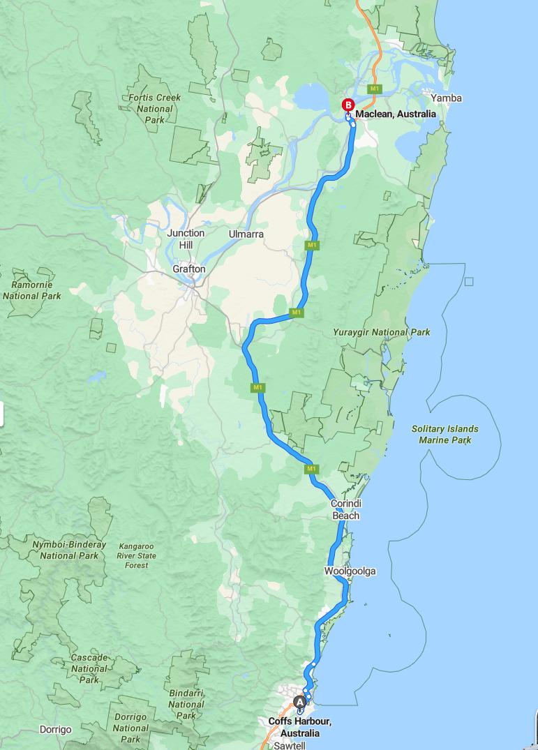 driving from Coffs Harbour, New South Wales to MacleanNew South Wales - map and route