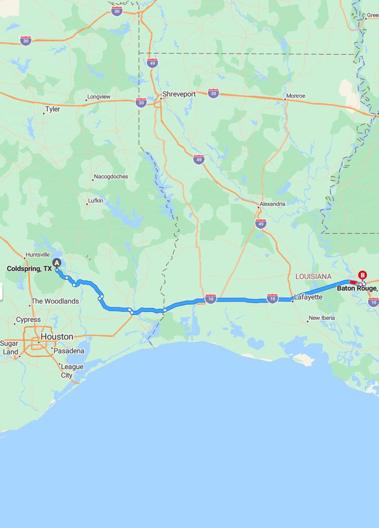 driving from Coldspring, Texas to Baton RougeLouisiana - map and route