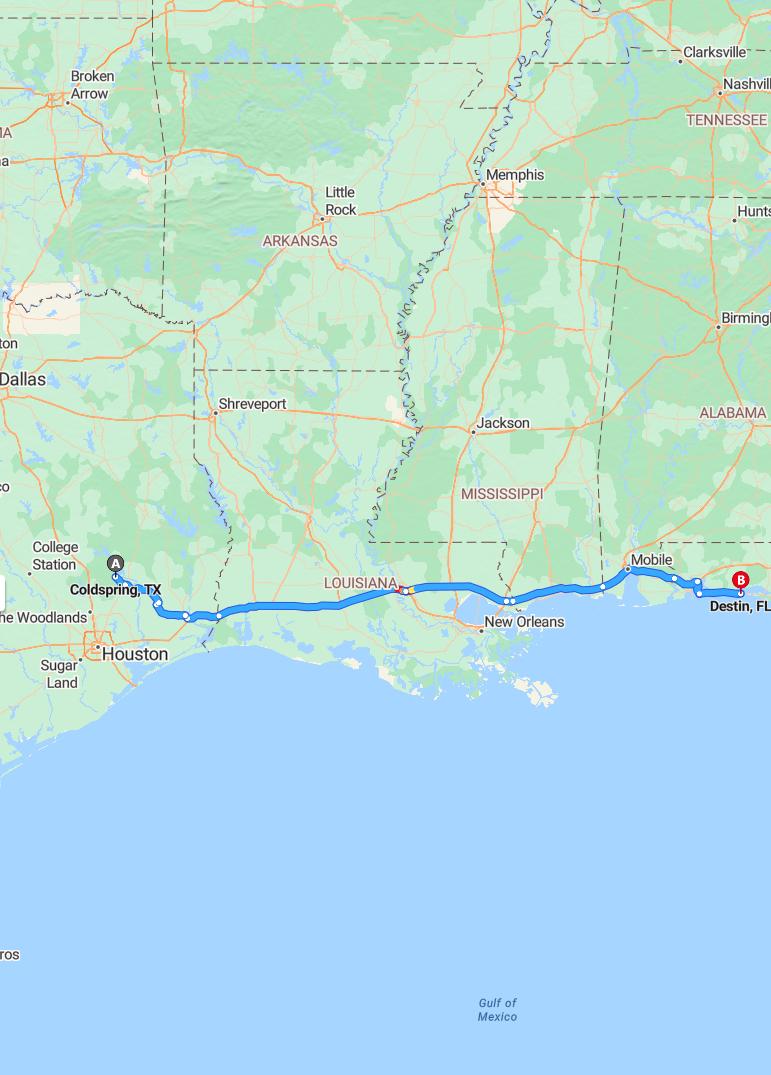 driving from Coldspring, Texas to DestinFlorida - map and route