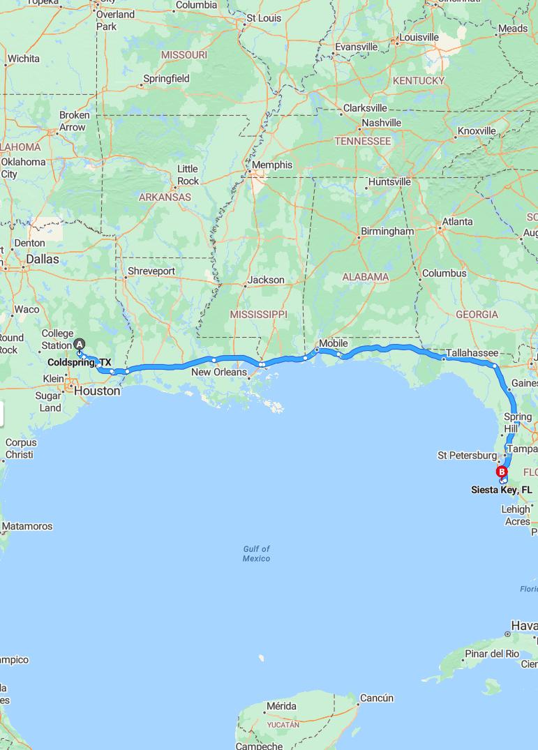 driving from coldspring, texas to siesta keyflorida - map and route