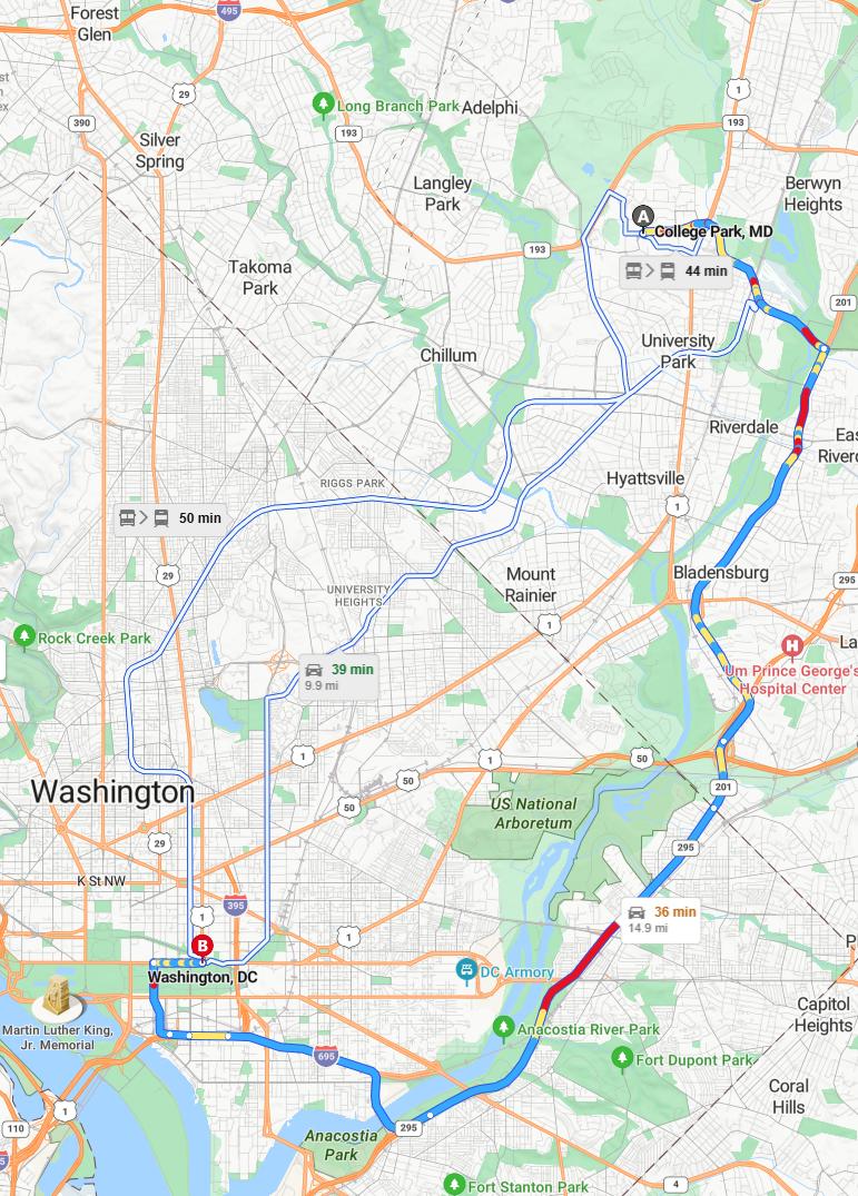 driving from College Park, Maryland to WashingtonDistrict of Columbia - map and route