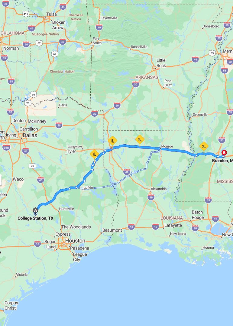 driving from College Station, Texas to BrandonMississippi - map and route