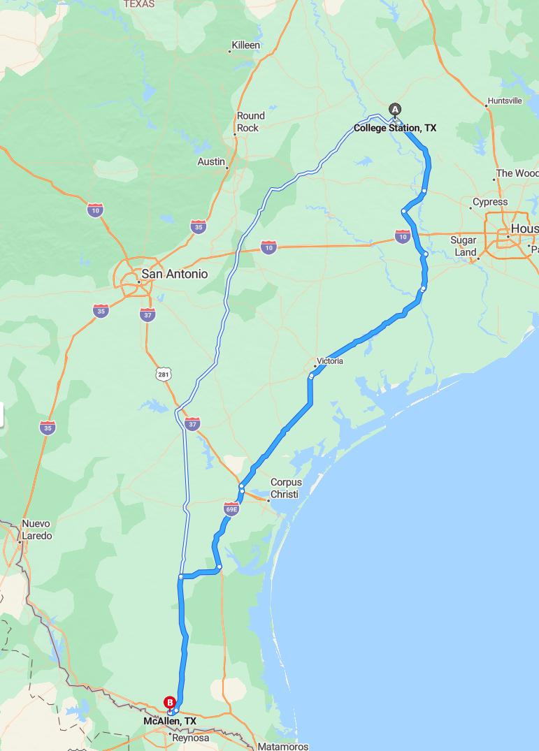 driving from College Station, Texas to McAllenTexas - map and route