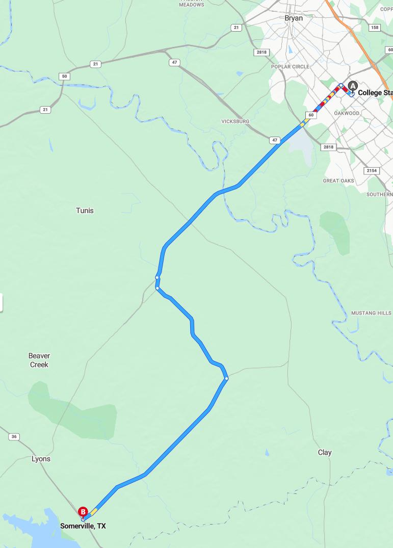 driving from College Station, Texas to SomervilleTexas - map and route