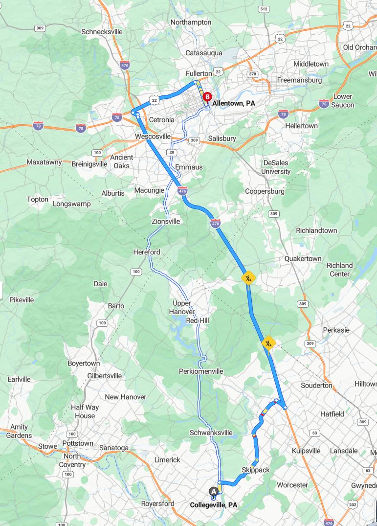 driving from Collegeville, Pennsylvania to AllentownPennsylvania - map and route