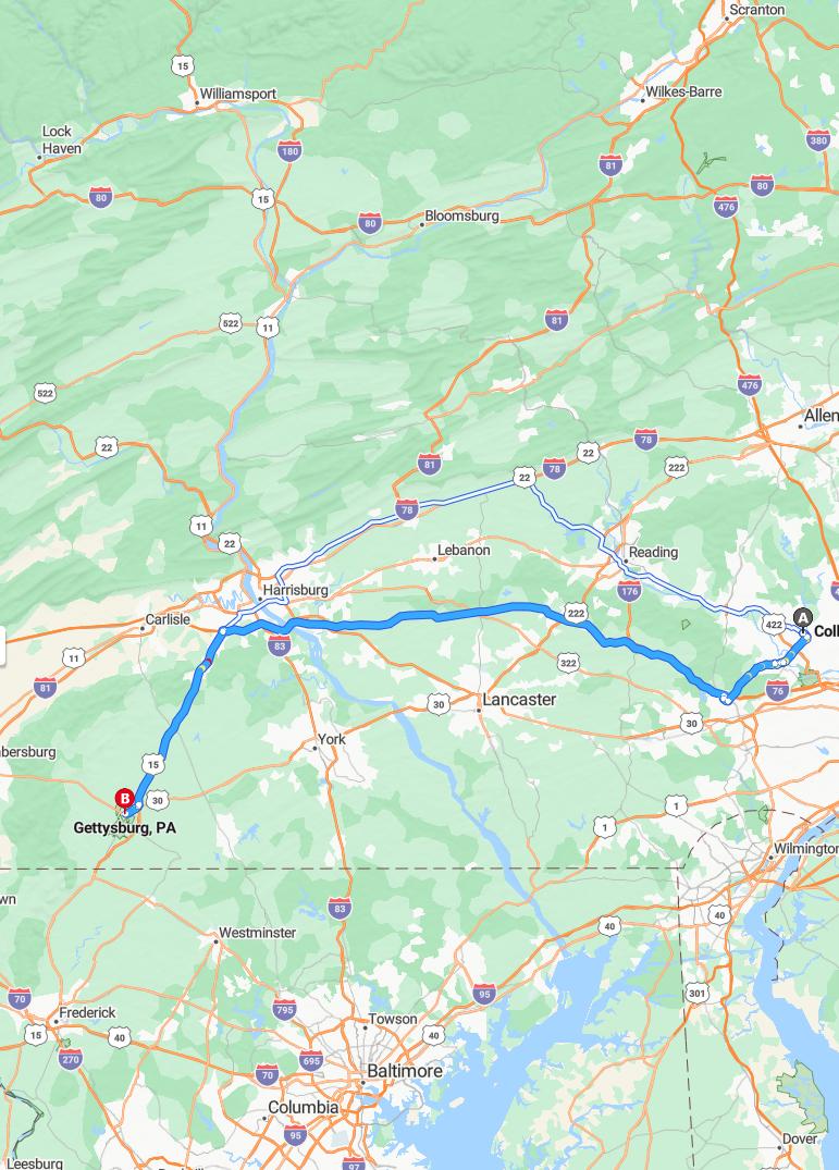 driving from Collegeville, Pennsylvania to GettysburgPennsylvania - map and route