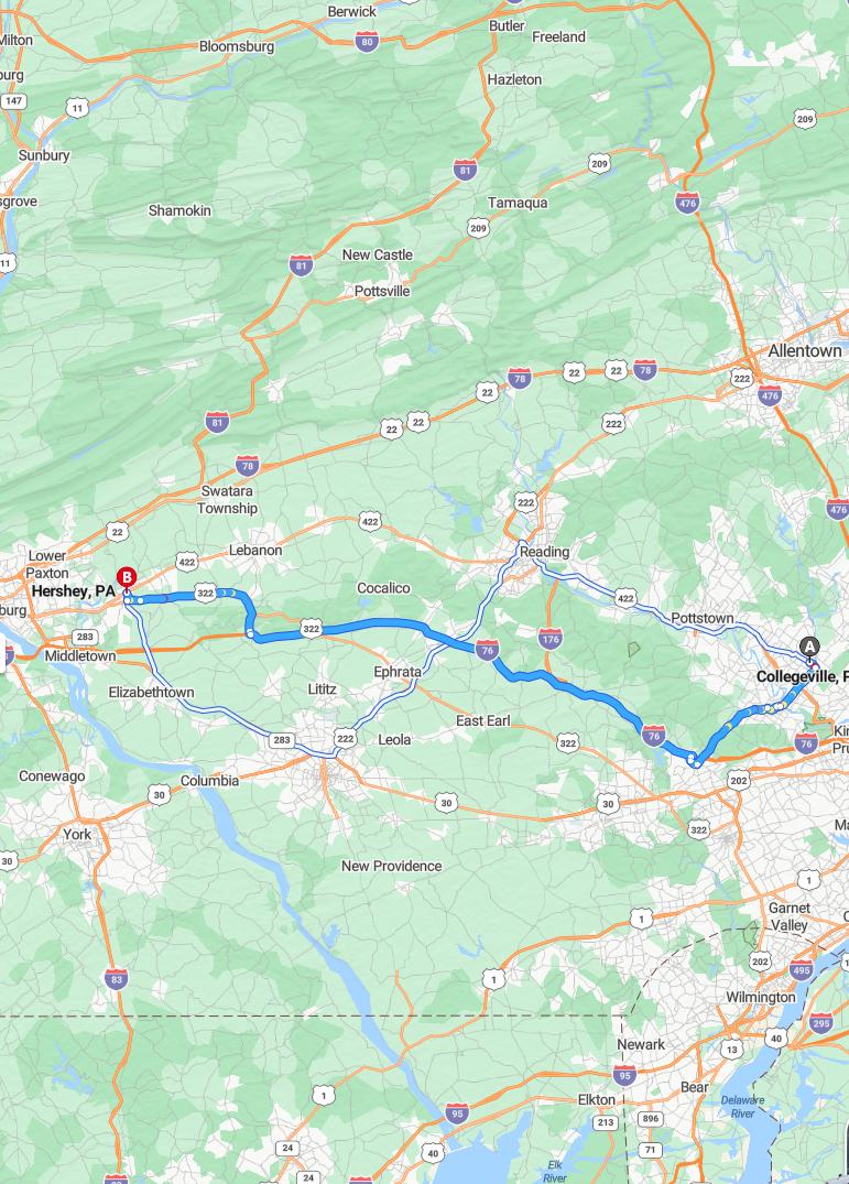 driving from Collegeville, Pennsylvania to HersheyPennsylvania - map and route