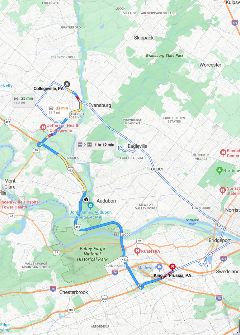 driving from Collegeville, Pennsylvania to King of PrussiaPennsylvania - map and route