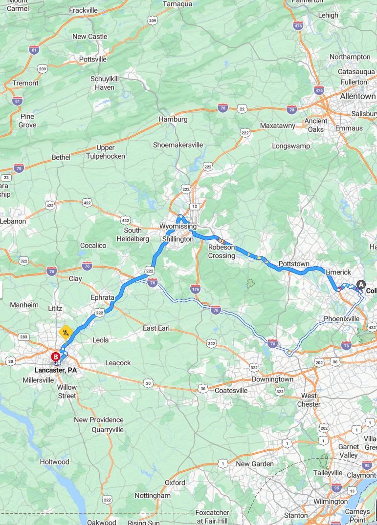 driving from Collegeville, Pennsylvania to LancasterPennsylvania - map and route
