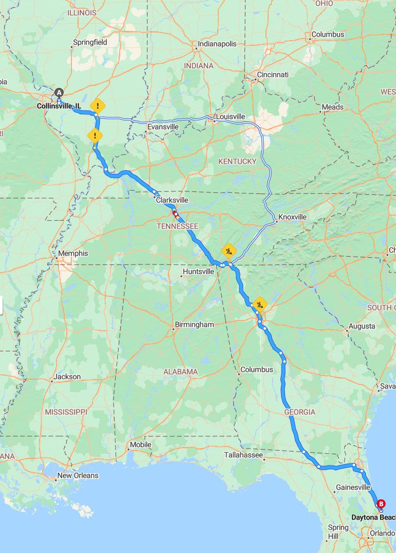 driving from Collinsville, Illinois to Daytona BeachFlorida - map and route