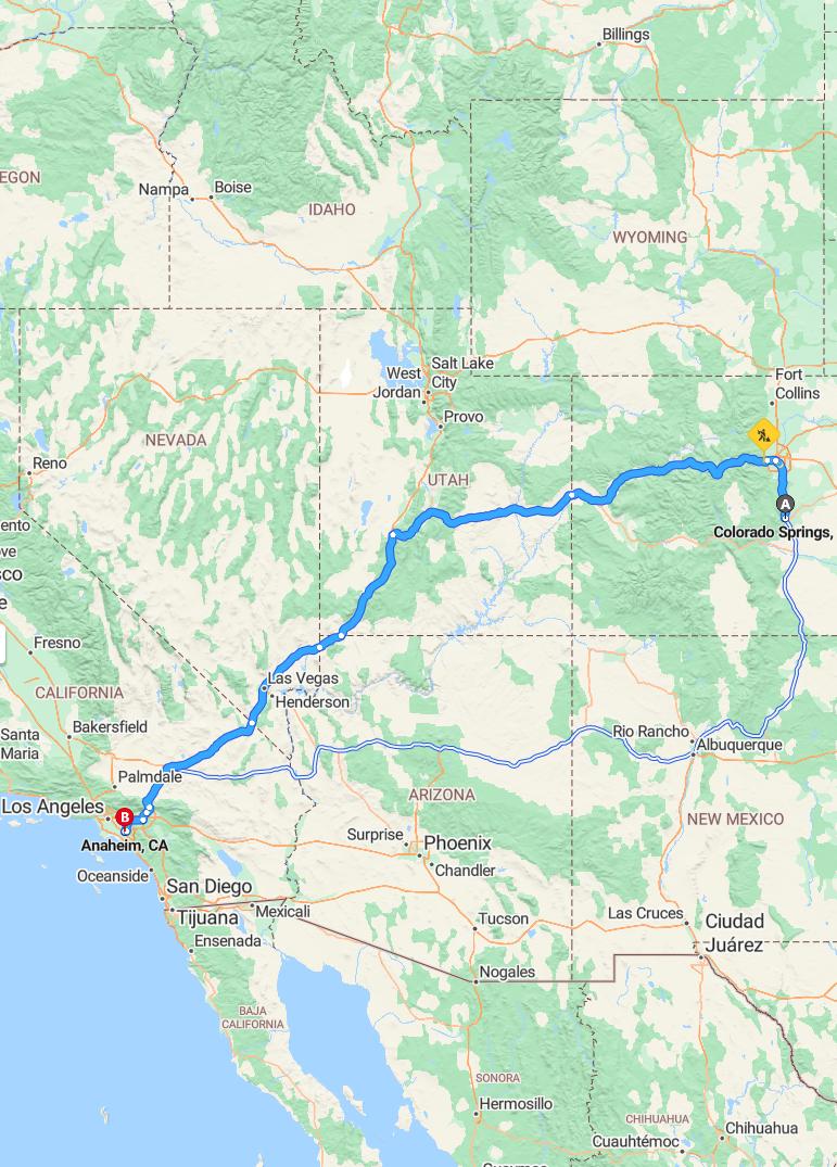 driving from Colorado Springs, Colorado to AnaheimCalifornia - map and route